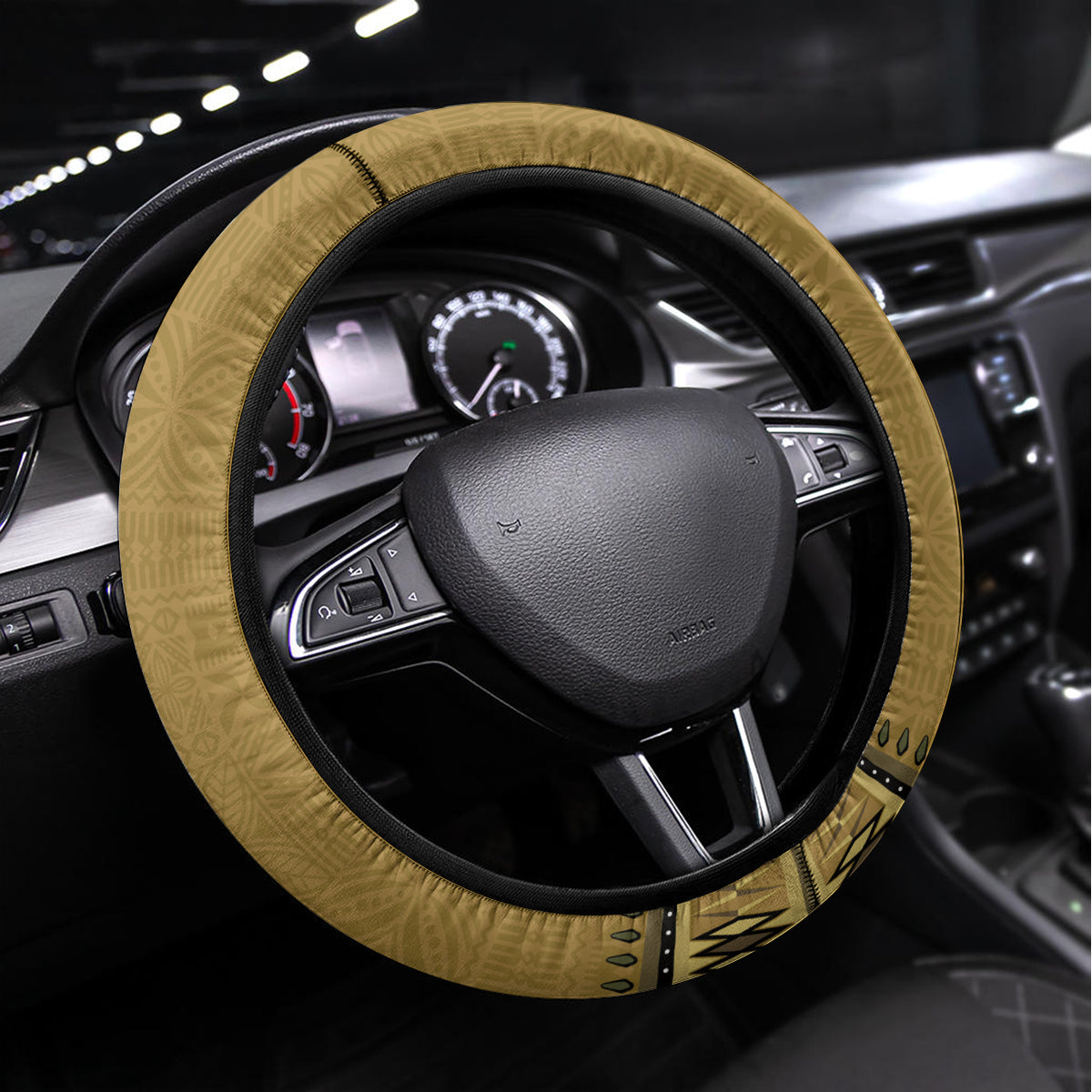 Gold African Dashiki With Fijian Tapa Pattern Steering Wheel Cover LT14 Universal Fit Gold - Polynesian Pride