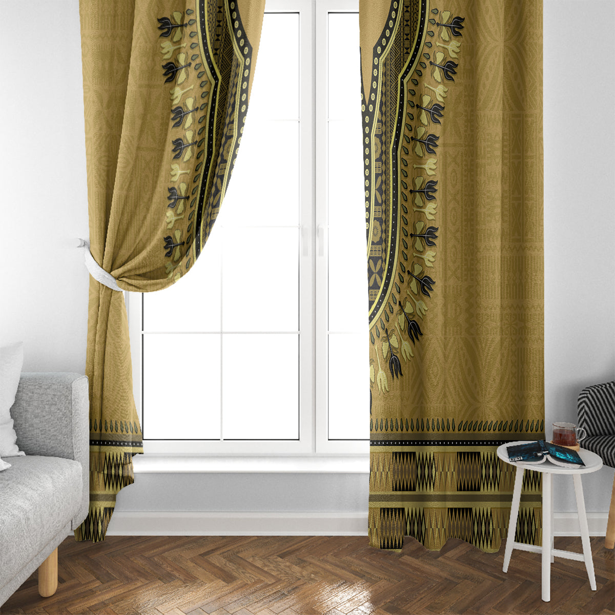 Gold African Dashiki With Fijian Tapa Pattern Window Curtain LT14 - Polynesian Pride