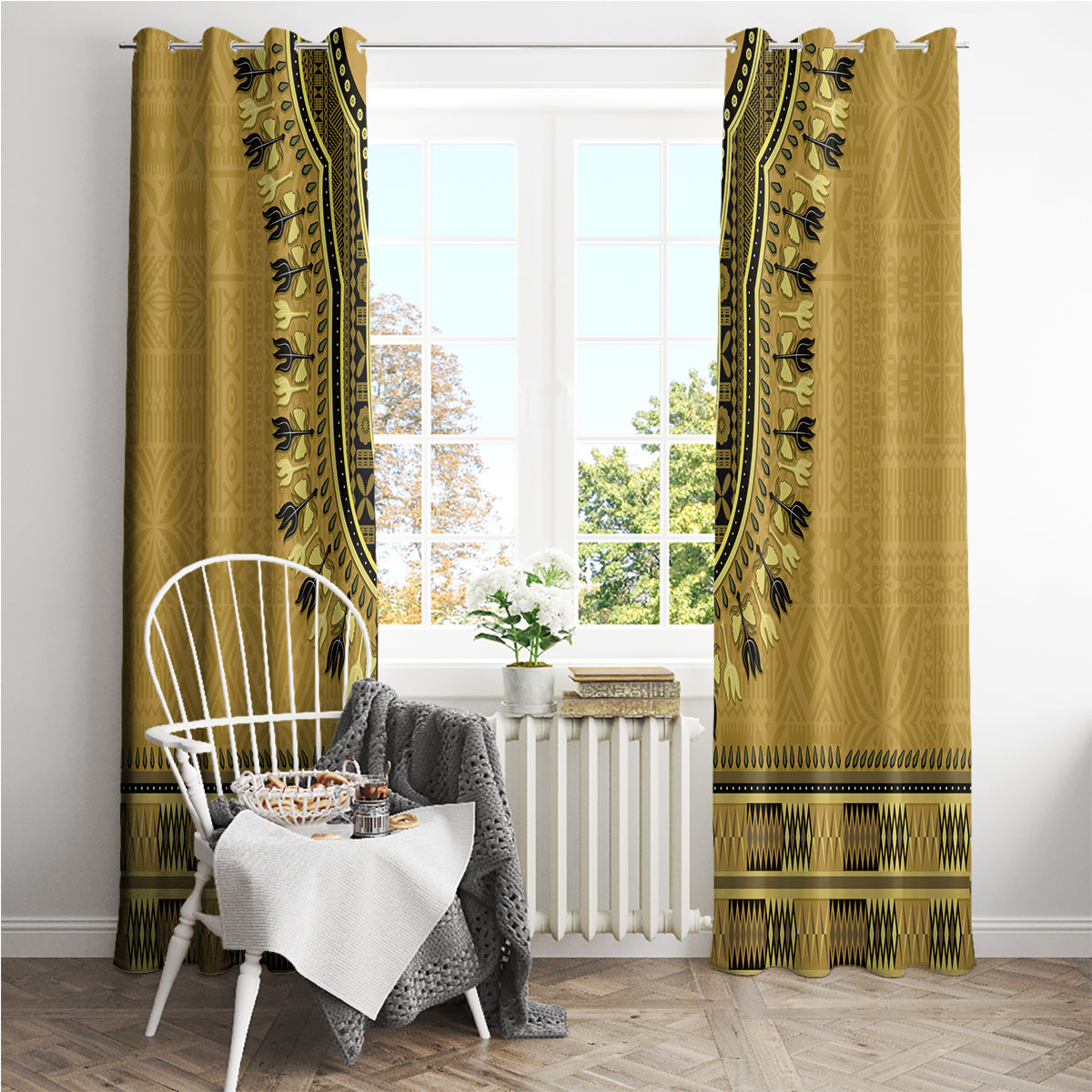 Gold African Dashiki With Fijian Tapa Pattern Window Curtain LT14 - Polynesian Pride