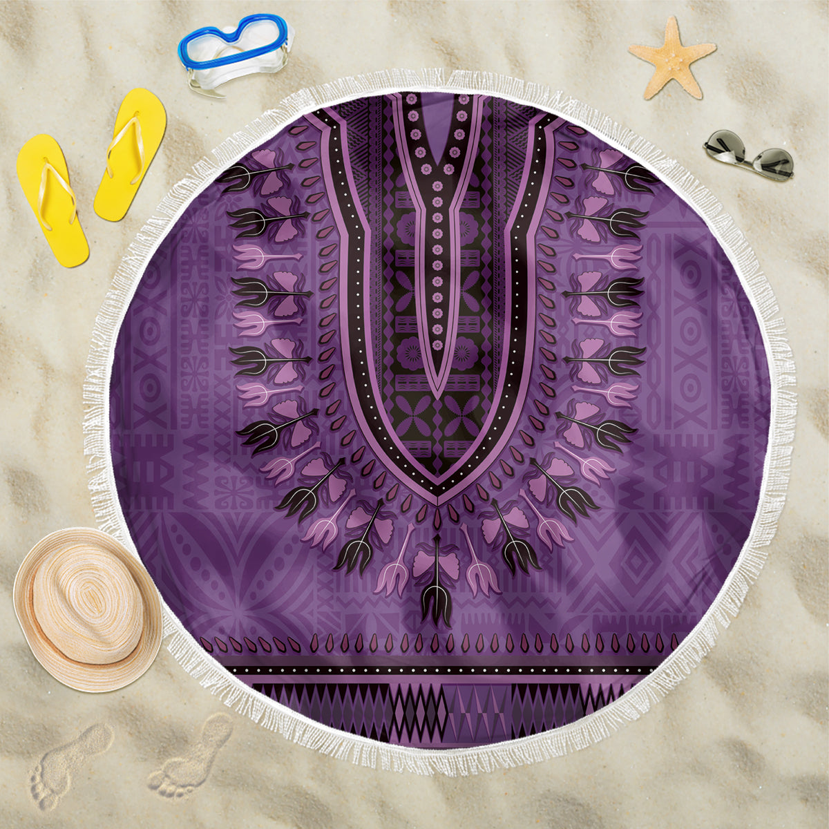 Purple African Dashiki With Fijian Tapa Pattern Beach Blanket LT14 One Size 150cm Purple - Polynesian Pride