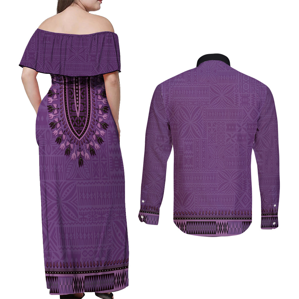 Purple African Dashiki With Fijian Tapa Pattern Couples Matching Off Shoulder Maxi Dress and Long Sleeve Button Shirt LT14 - Polynesian Pride