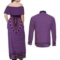 Purple African Dashiki With Fijian Tapa Pattern Couples Matching Off Shoulder Maxi Dress and Long Sleeve Button Shirt LT14 - Polynesian Pride