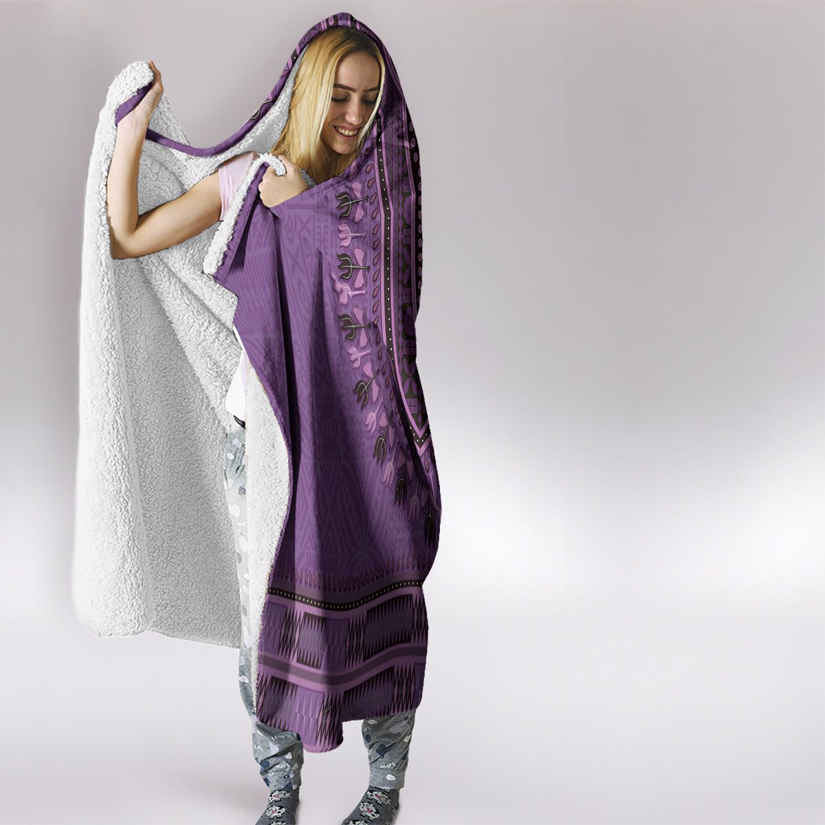 Purple African Dashiki With Fijian Tapa Pattern Hooded Blanket LT14 - Polynesian Pride