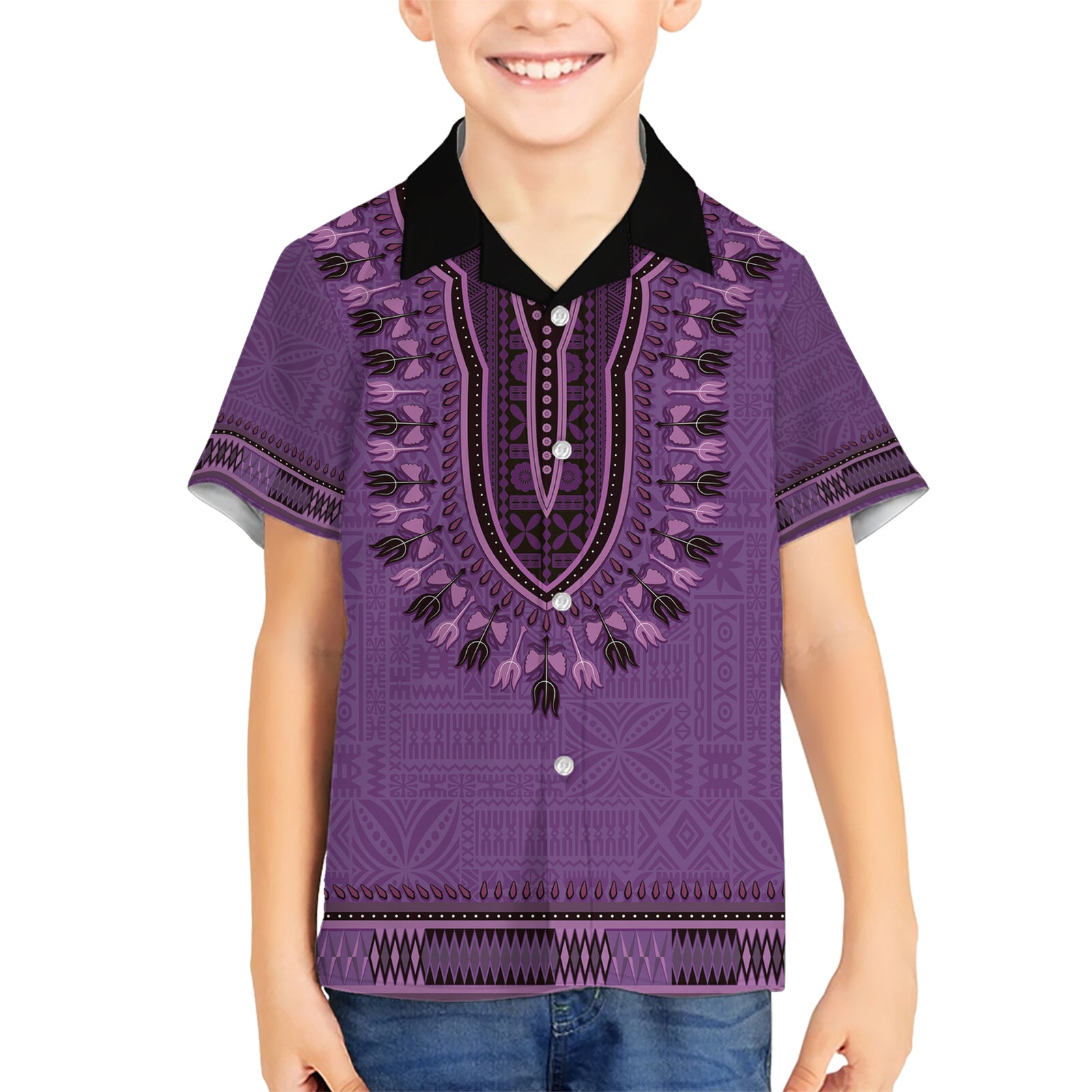 Purple African Dashiki With Fijian Tapa Pattern Kid Hawaiian Shirt LT14 Kid Purple - Polynesian Pride
