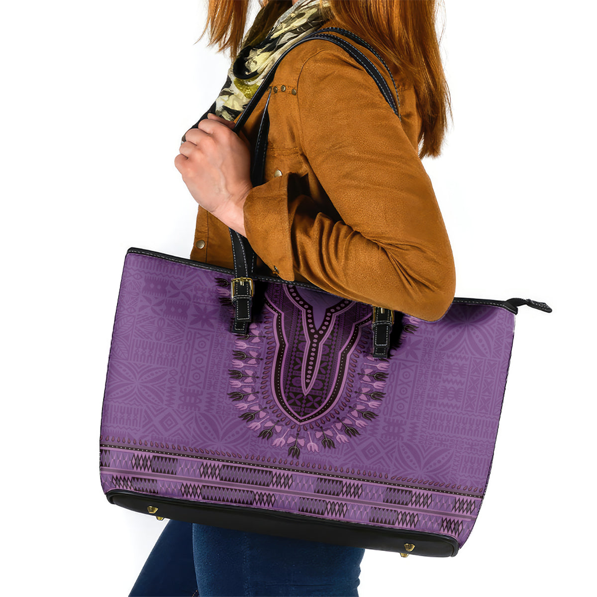 Purple African Dashiki With Fijian Tapa Pattern Leather Tote Bag LT14 Purple - Polynesian Pride