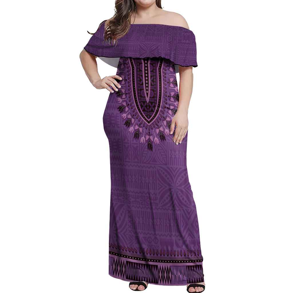 Purple African Dashiki With Fijian Tapa Pattern Off Shoulder Maxi Dress LT14 Women Purple - Polynesian Pride