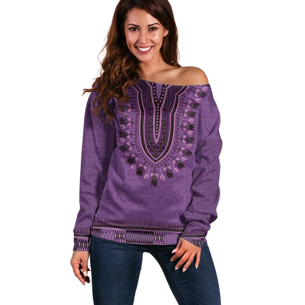 Purple African Dashiki With Fijian Tapa Pattern Off Shoulder Sweater LT14 Women Purple - Polynesian Pride