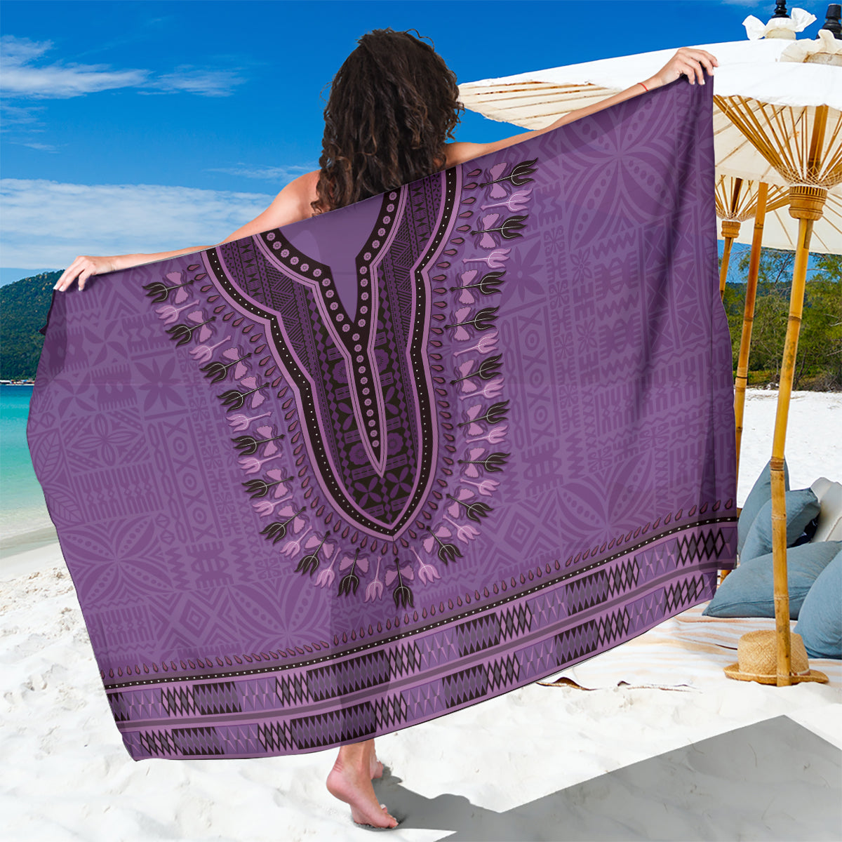 Purple African Dashiki With Fijian Tapa Pattern Sarong LT14 One Size 44 x 66 inches Purple - Polynesian Pride