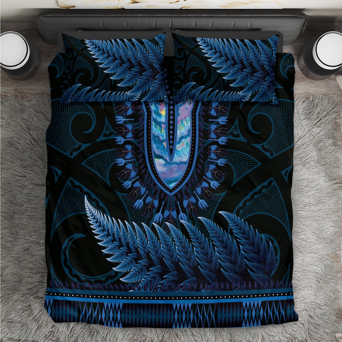 Blue African Dashiki With Aotearoa Maori Bedding Set Paua Shell Mix Silver Fern LT14 Blue - Polynesian Pride
