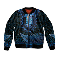 Blue African Dashiki With Aotearoa Maori Bomber Jacket Paua Shell Mix Silver Fern LT14 Unisex Blue - Polynesian Pride