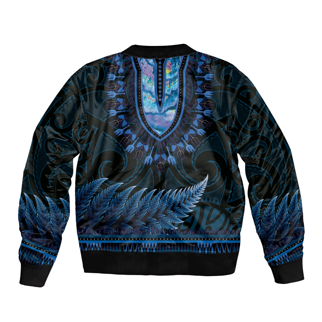 Blue African Dashiki With Aotearoa Maori Bomber Jacket Paua Shell Mix Silver Fern LT14 - Polynesian Pride