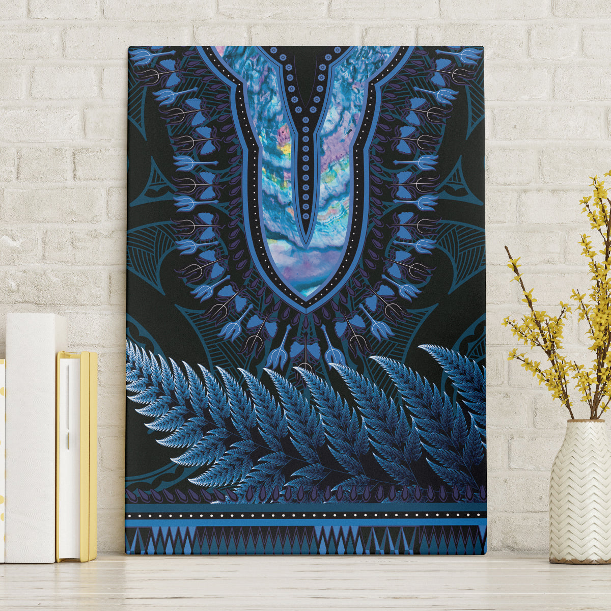 Blue African Dashiki With Aotearoa Maori Canvas Wall Art Paua Shell Mix Silver Fern LT14 Without Frame Blue - Polynesian Pride
