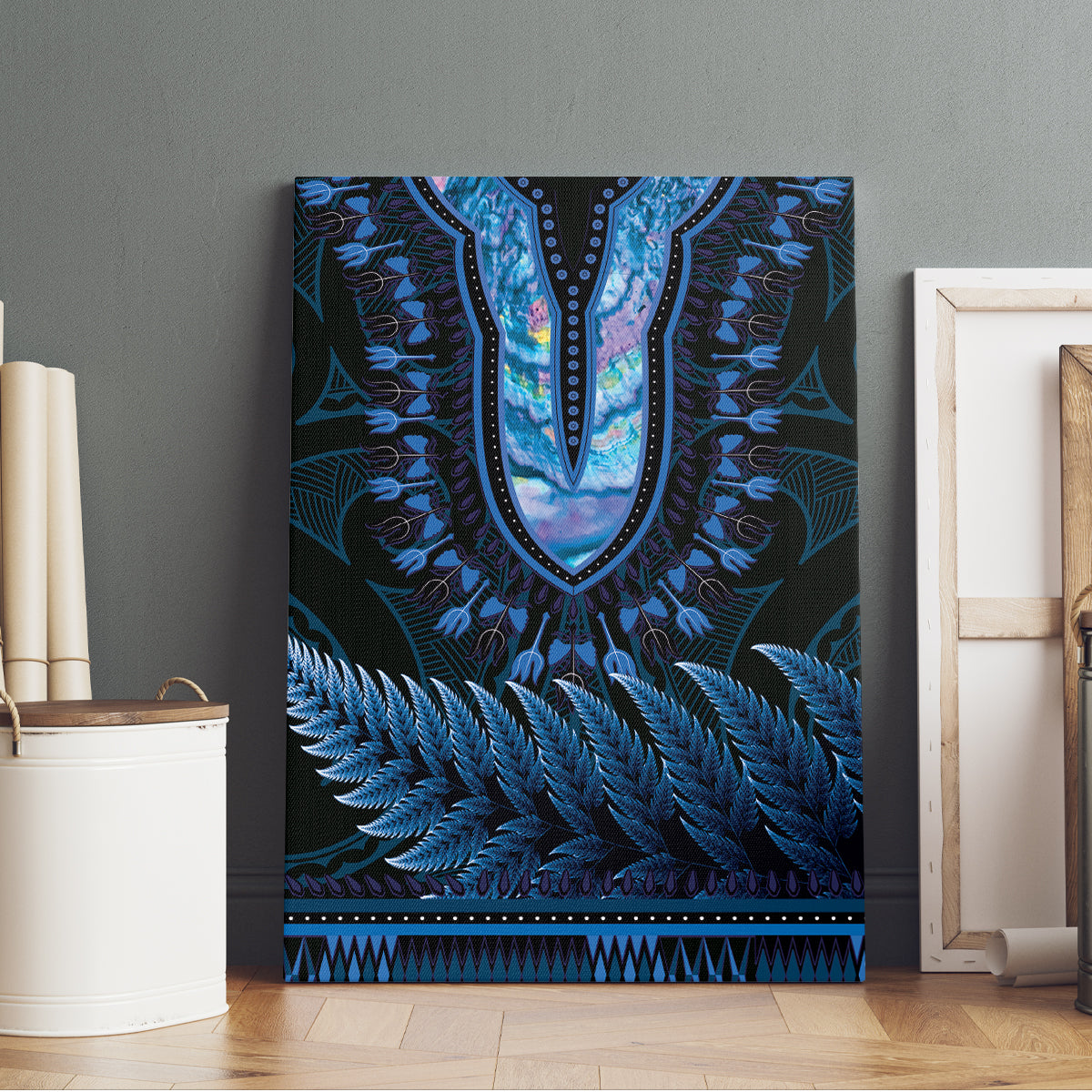 Blue African Dashiki With Aotearoa Maori Canvas Wall Art Paua Shell Mix Silver Fern LT14 - Polynesian Pride