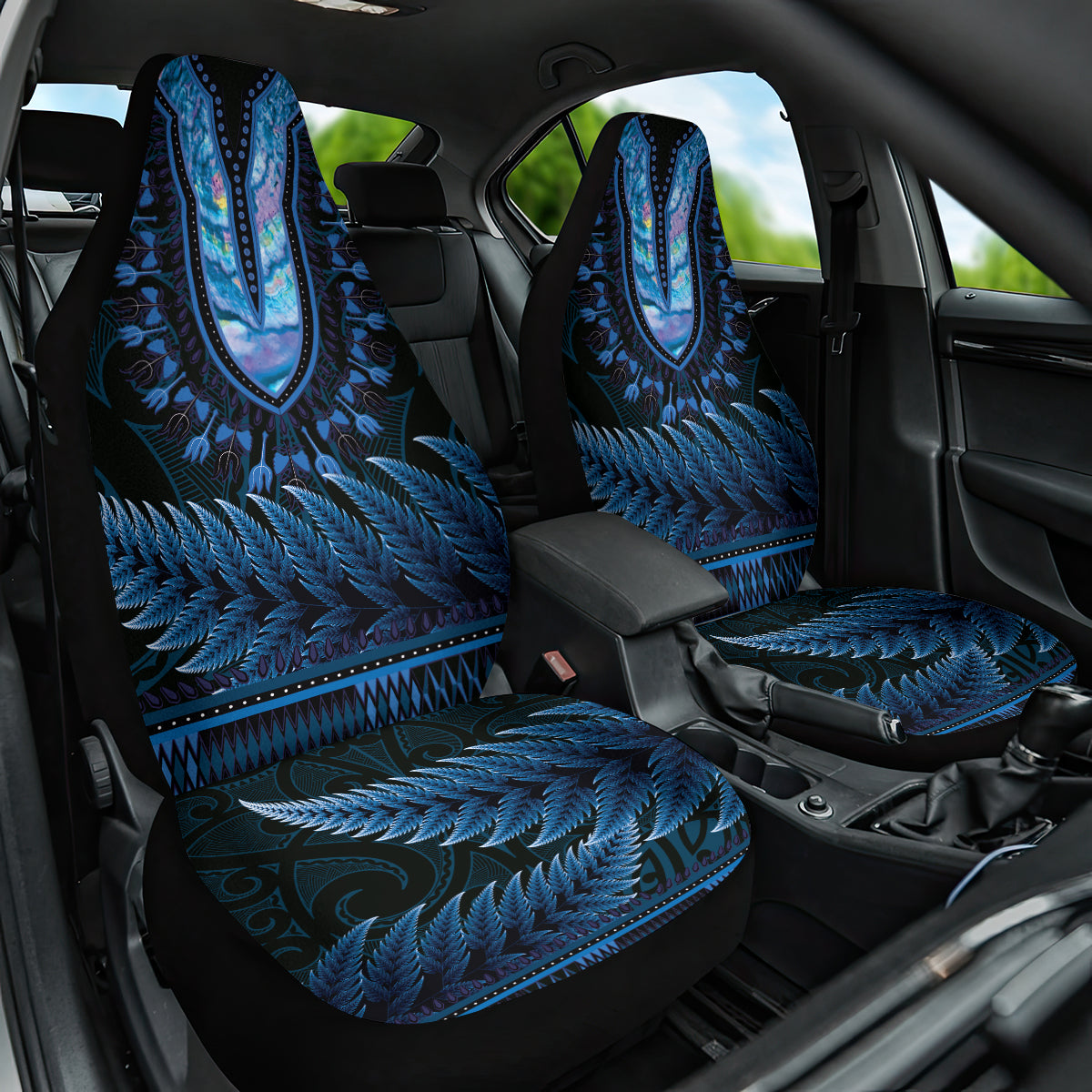 Blue African Dashiki With Aotearoa Maori Car Seat Cover Paua Shell Mix Silver Fern LT14 One Size Blue - Polynesian Pride