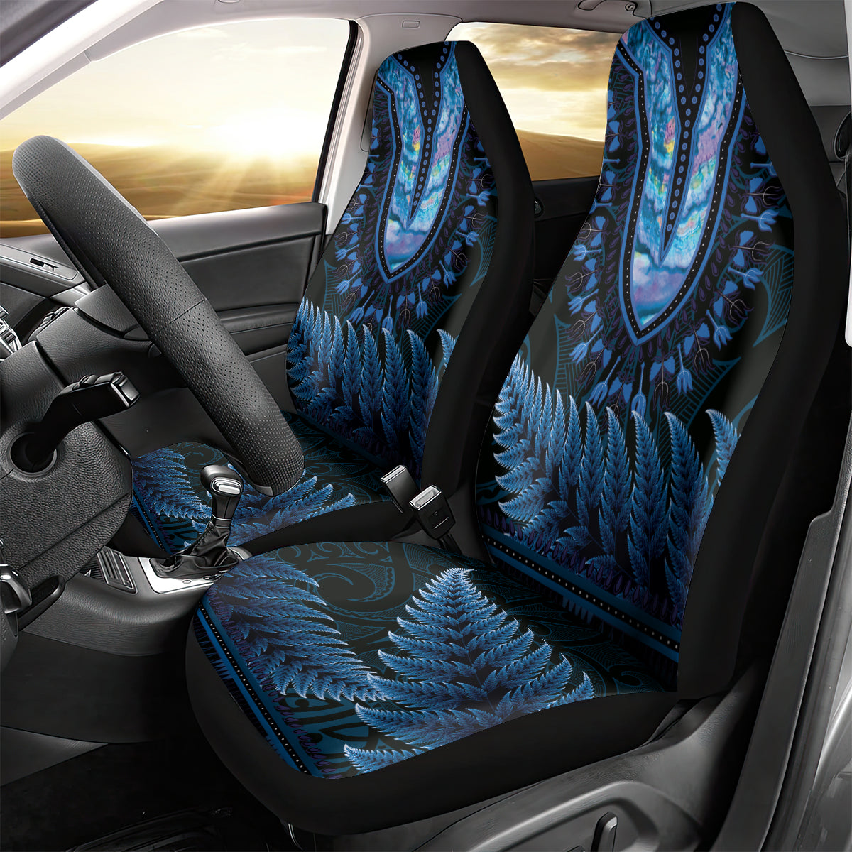 Blue African Dashiki With Aotearoa Maori Car Seat Cover Paua Shell Mix Silver Fern LT14 - Polynesian Pride