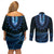 Blue African Dashiki With Aotearoa Maori Couples Matching Off Shoulder Short Dress and Long Sleeve Button Shirt Paua Shell Mix Silver Fern