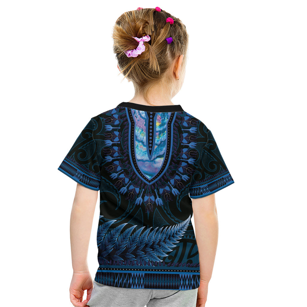 Blue African Dashiki With Aotearoa Maori Kid T Shirt Paua Shell Mix Silver Fern LT14 - Polynesian Pride