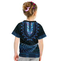 Blue African Dashiki With Aotearoa Maori Kid T Shirt Paua Shell Mix Silver Fern LT14 - Polynesian Pride