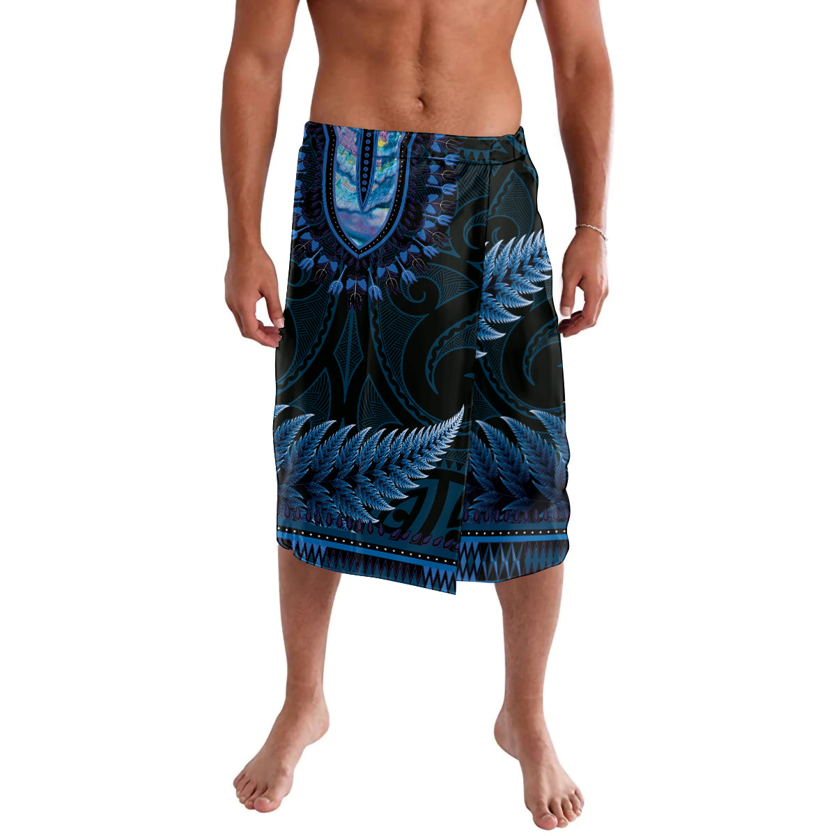 Blue African Dashiki With Aotearoa Maori Lavalava Paua Shell Mix Silver Fern LT14 Blue - Polynesian Pride