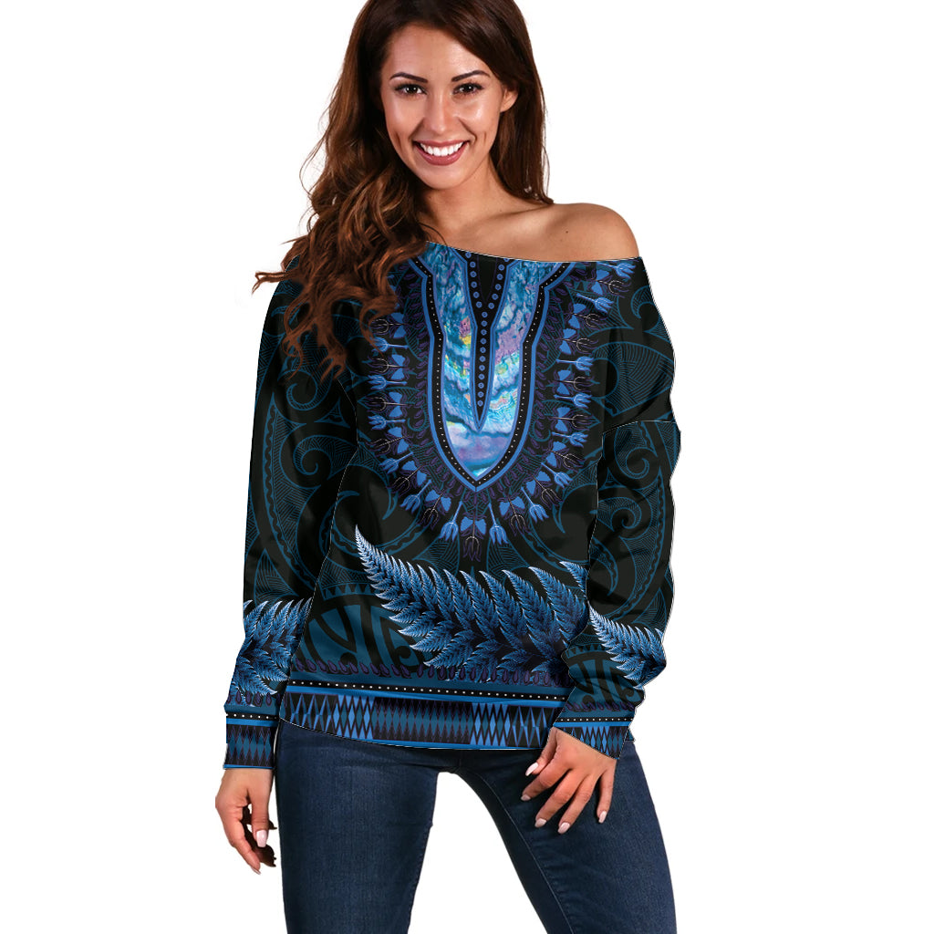 Blue African Dashiki With Aotearoa Maori Off Shoulder Sweater Paua Shell Mix Silver Fern LT14 Women Blue - Polynesian Pride