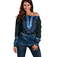 Blue African Dashiki With Aotearoa Maori Off Shoulder Sweater Paua Shell Mix Silver Fern LT14 Women Blue - Polynesian Pride
