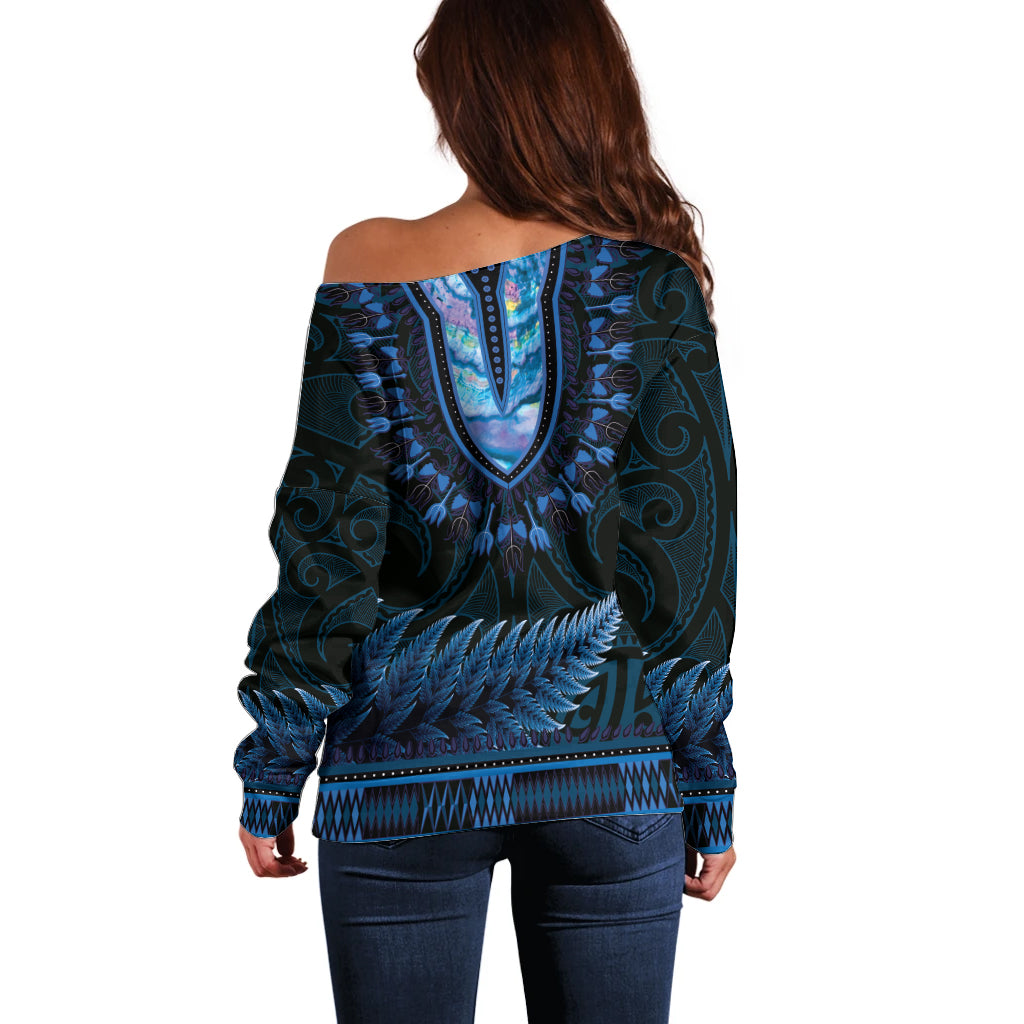 Blue African Dashiki With Aotearoa Maori Off Shoulder Sweater Paua Shell Mix Silver Fern LT14 - Polynesian Pride