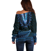 Blue African Dashiki With Aotearoa Maori Off Shoulder Sweater Paua Shell Mix Silver Fern LT14 - Polynesian Pride