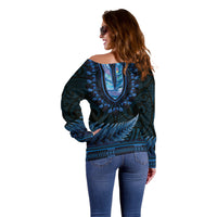 Blue African Dashiki With Aotearoa Maori Off Shoulder Sweater Paua Shell Mix Silver Fern LT14 - Polynesian Pride