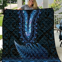 Blue African Dashiki With Aotearoa Maori Quilt Paua Shell Mix Silver Fern LT14 Blue - Polynesian Pride