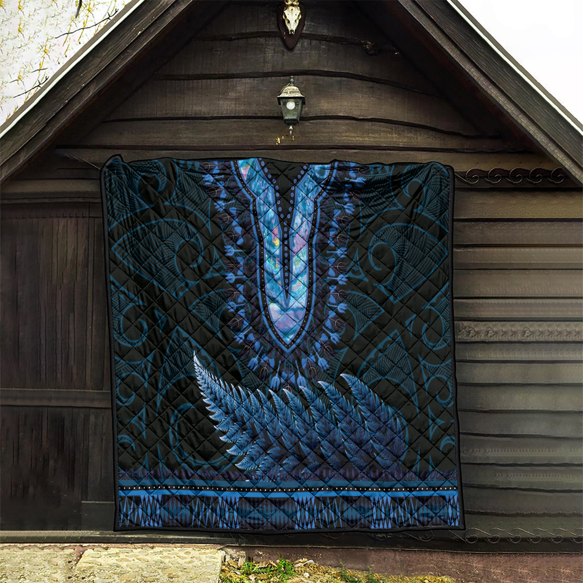 Blue African Dashiki With Aotearoa Maori Quilt Paua Shell Mix Silver Fern LT14 - Polynesian Pride