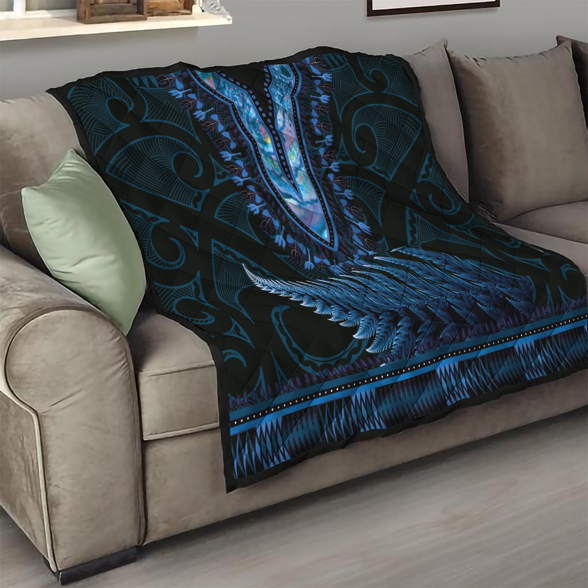 Blue African Dashiki With Aotearoa Maori Quilt Paua Shell Mix Silver Fern LT14 - Polynesian Pride