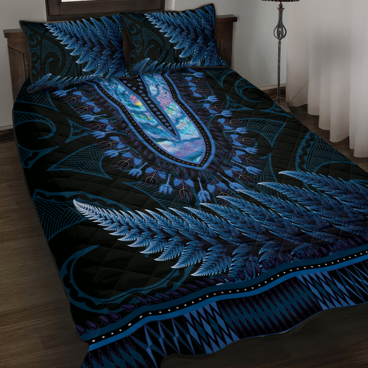 Blue African Dashiki With Aotearoa Maori Quilt Bed Set Paua Shell Mix Silver Fern LT14 Blue - Polynesian Pride
