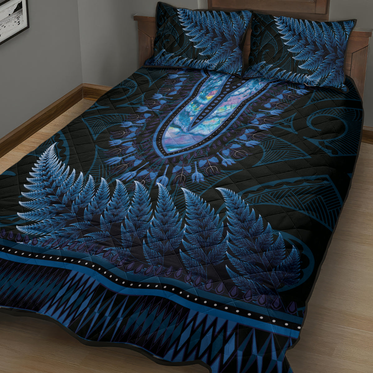 Blue African Dashiki With Aotearoa Maori Quilt Bed Set Paua Shell Mix Silver Fern LT14 - Polynesian Pride
