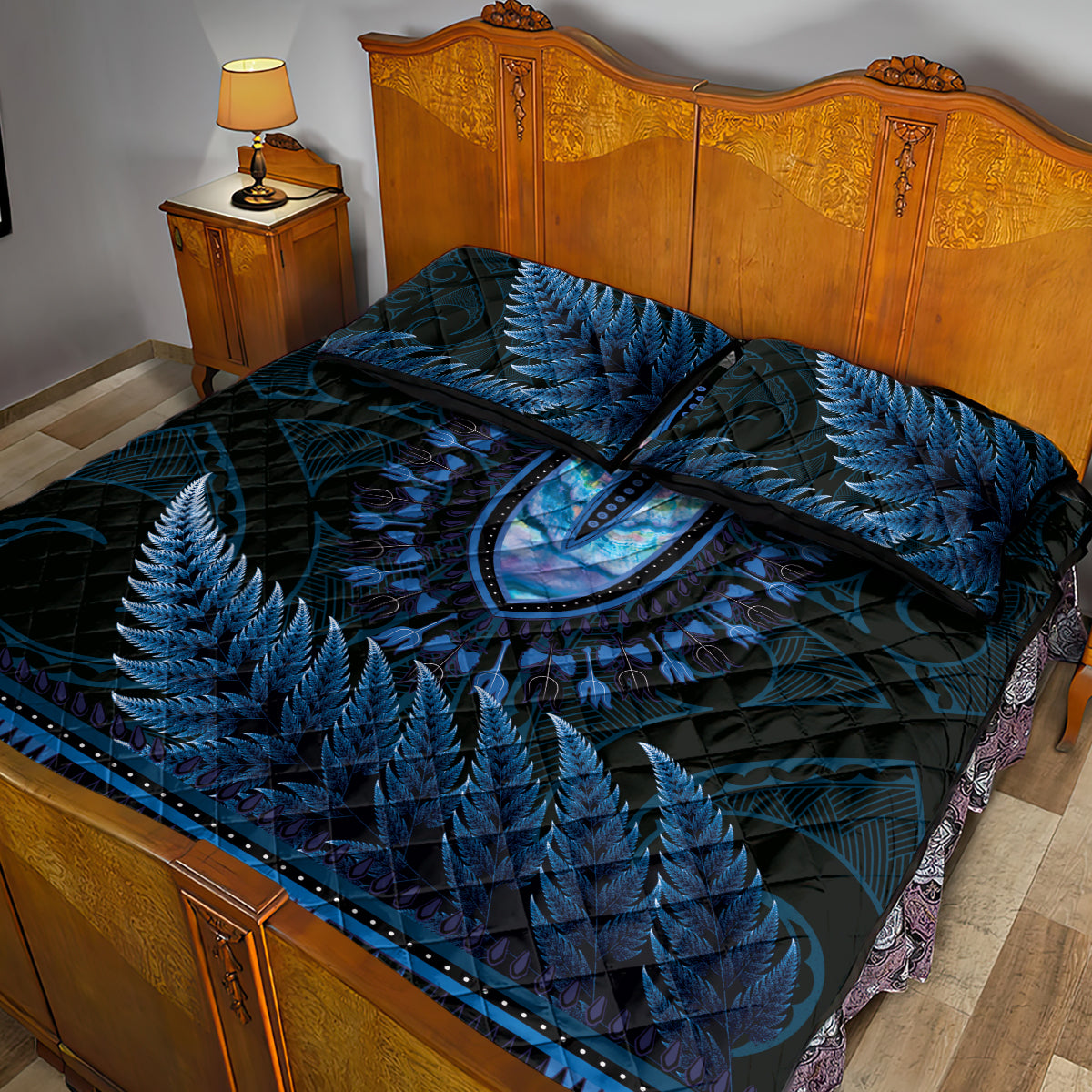 Blue African Dashiki With Aotearoa Maori Quilt Bed Set Paua Shell Mix Silver Fern LT14 - Polynesian Pride