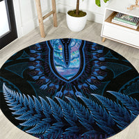 Blue African Dashiki With Aotearoa Maori Round Carpet Paua Shell Mix Silver Fern LT14 Blue - Polynesian Pride