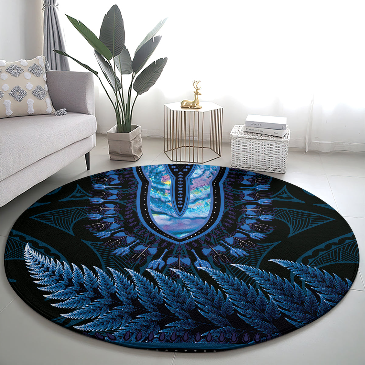 Blue African Dashiki With Aotearoa Maori Round Carpet Paua Shell Mix Silver Fern LT14 - Polynesian Pride