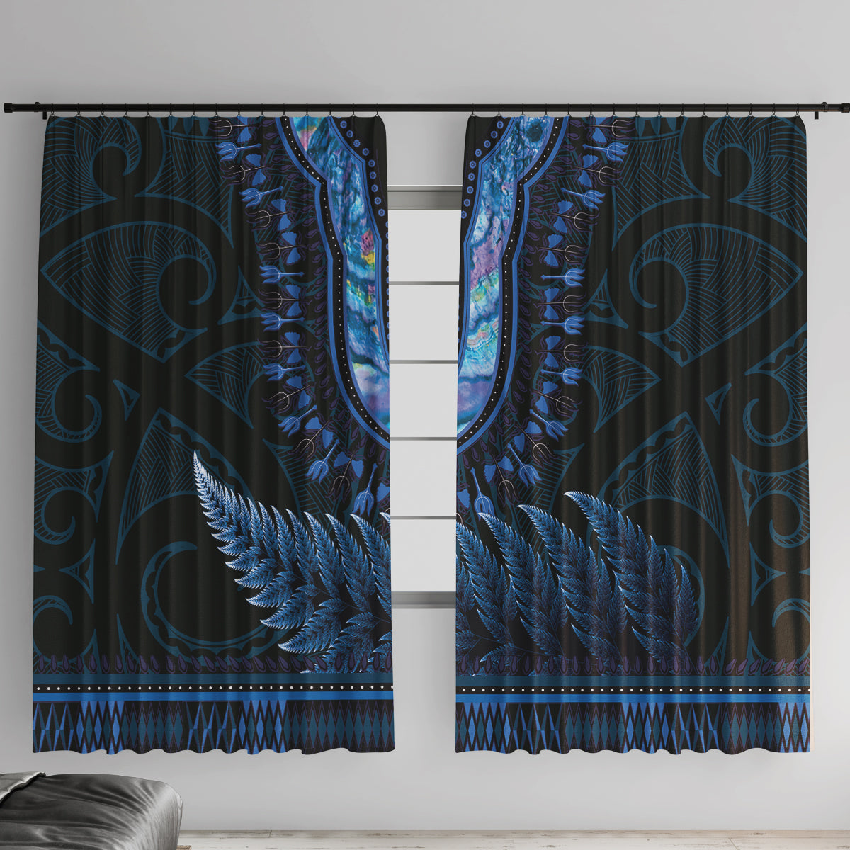 Blue African Dashiki With Aotearoa Maori Window Curtain Paua Shell Mix Silver Fern LT14 With Hooks Blue - Polynesian Pride