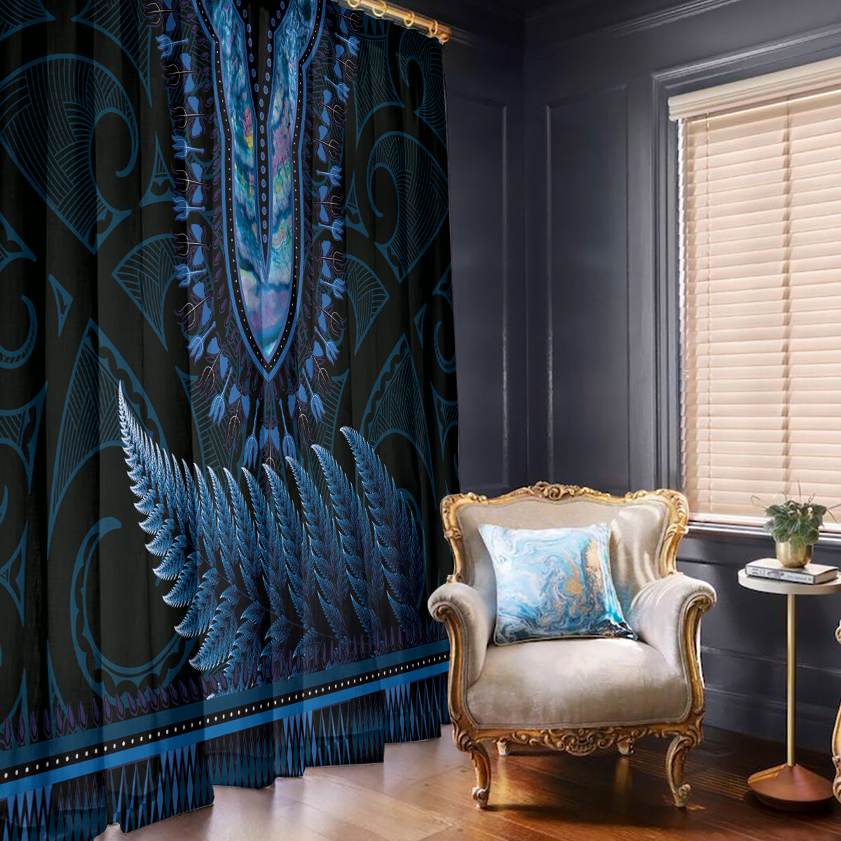 Blue African Dashiki With Aotearoa Maori Window Curtain Paua Shell Mix Silver Fern LT14 - Polynesian Pride