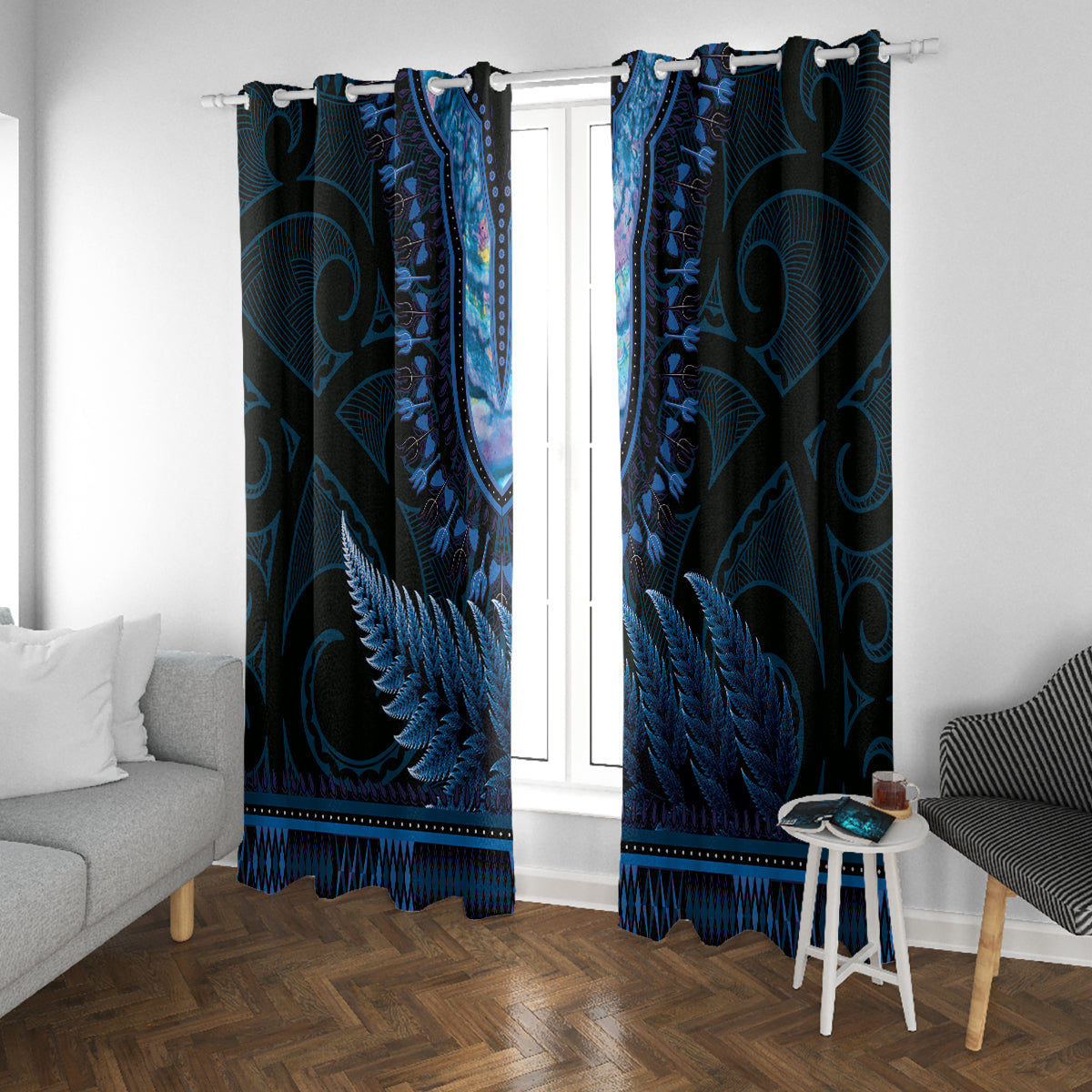 Blue African Dashiki With Aotearoa Maori Window Curtain Paua Shell Mix Silver Fern LT14 With Grommets Blue - Polynesian Pride