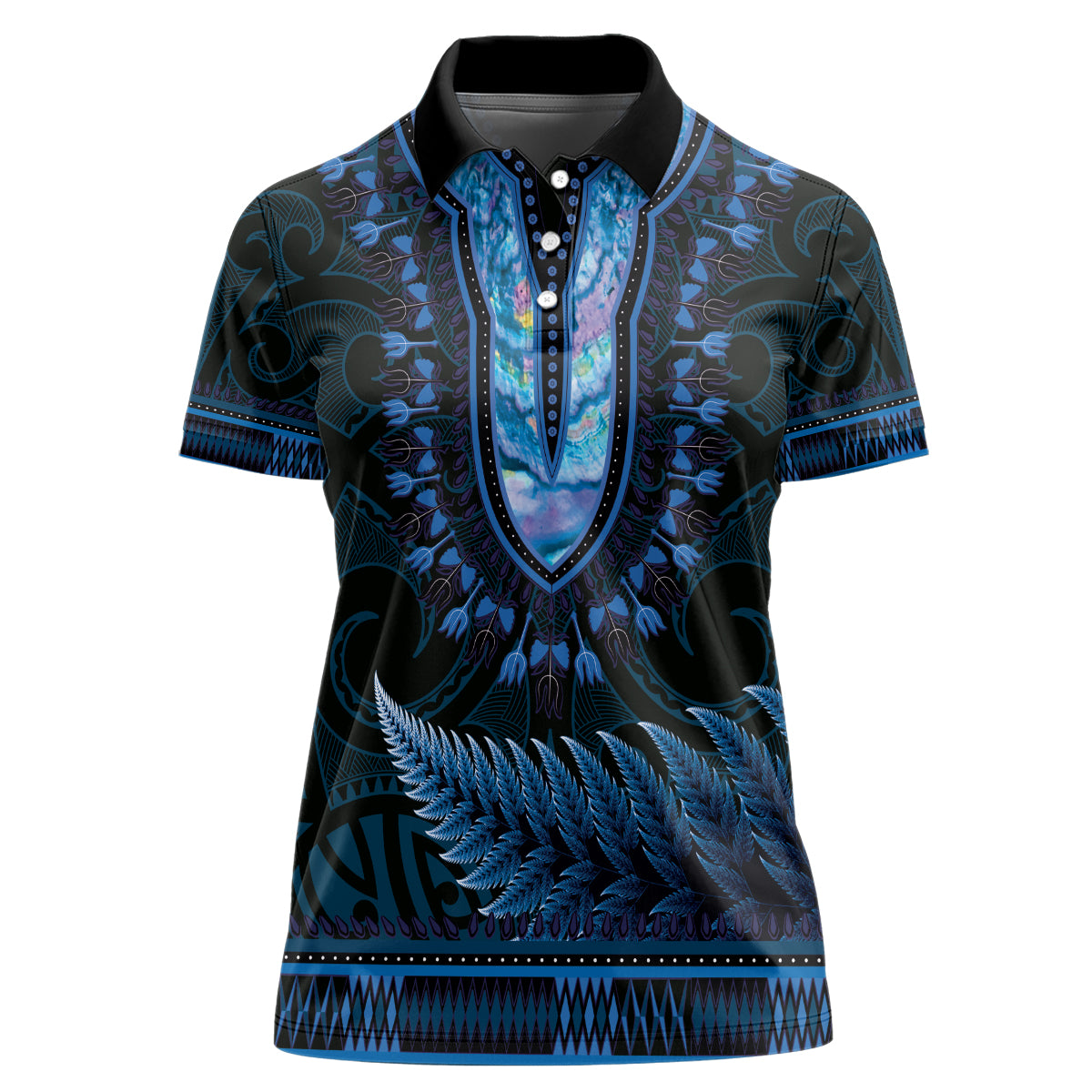 Blue African Dashiki With Aotearoa Maori Women Polo Shirt Paua Shell Mix Silver Fern LT14 Female Blue - Polynesian Pride