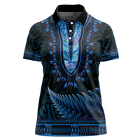 Blue African Dashiki With Aotearoa Maori Women Polo Shirt Paua Shell Mix Silver Fern LT14 Female Blue - Polynesian Pride