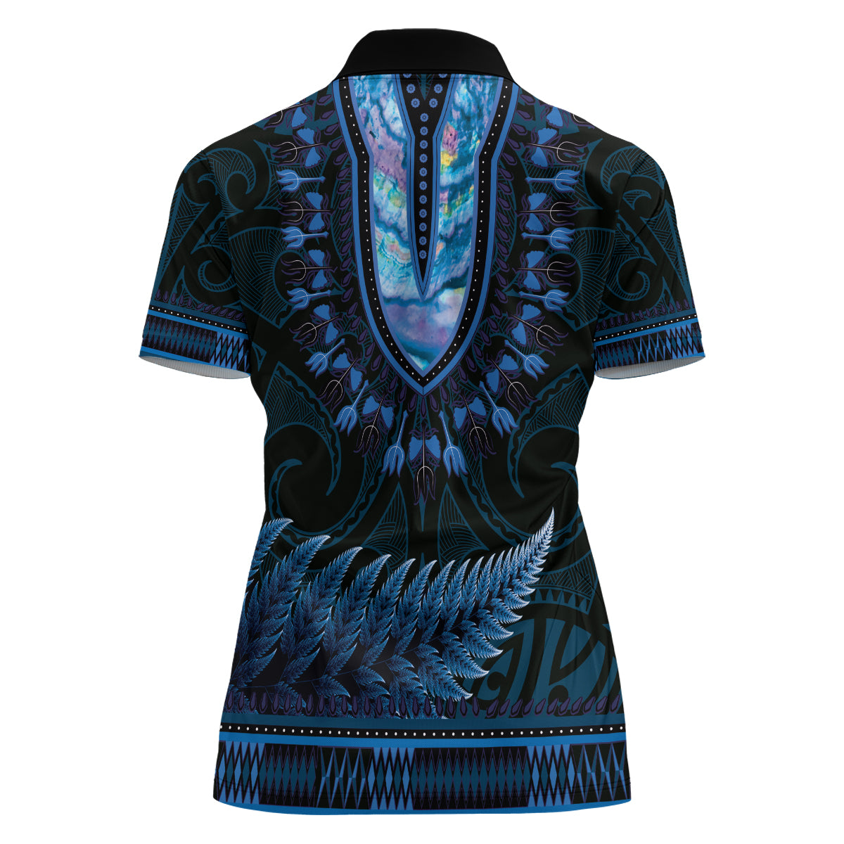 Blue African Dashiki With Aotearoa Maori Women Polo Shirt Paua Shell Mix Silver Fern LT14 - Polynesian Pride