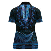 Blue African Dashiki With Aotearoa Maori Women Polo Shirt Paua Shell Mix Silver Fern LT14 - Polynesian Pride
