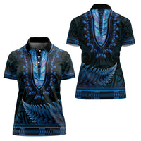 Blue African Dashiki With Aotearoa Maori Women Polo Shirt Paua Shell Mix Silver Fern LT14 - Polynesian Pride
