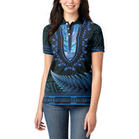 Blue African Dashiki With Aotearoa Maori Women Polo Shirt Paua Shell Mix Silver Fern LT14 - Polynesian Pride