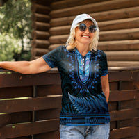 Blue African Dashiki With Aotearoa Maori Women Polo Shirt Paua Shell Mix Silver Fern LT14 - Polynesian Pride