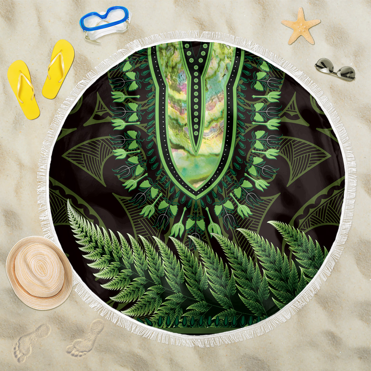 Lime Green African Dashiki With Aotearoa Maori Beach Blanket Paua Shell Mix Silver Fern LT14 One Size 150cm Lime Green - Polynesian Pride