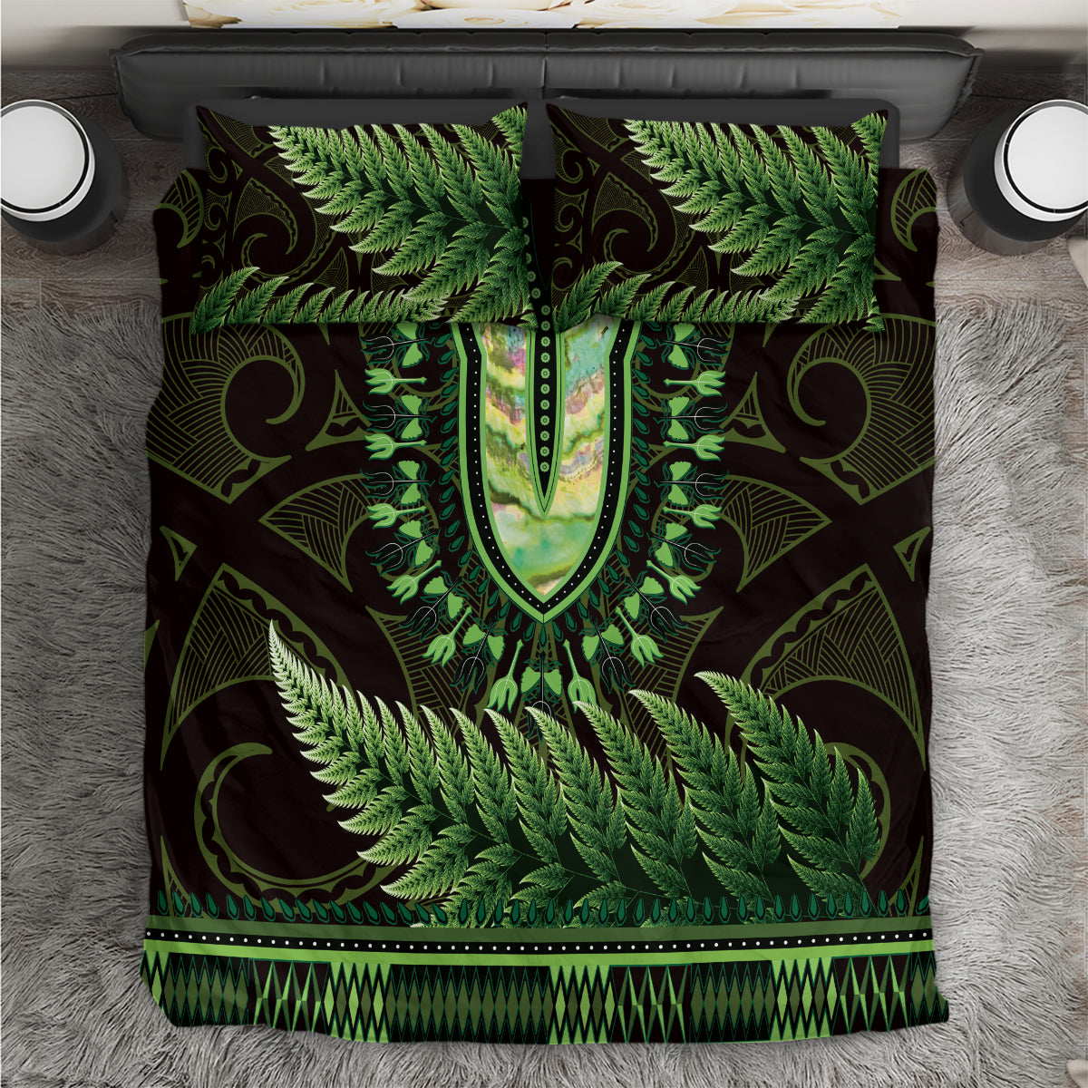 Lime Green African Dashiki With Aotearoa Maori Bedding Set Paua Shell Mix Silver Fern LT14 Lime Green - Polynesian Pride