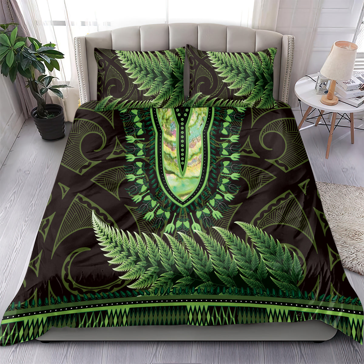 Lime Green African Dashiki With Aotearoa Maori Bedding Set Paua Shell Mix Silver Fern LT14 - Polynesian Pride
