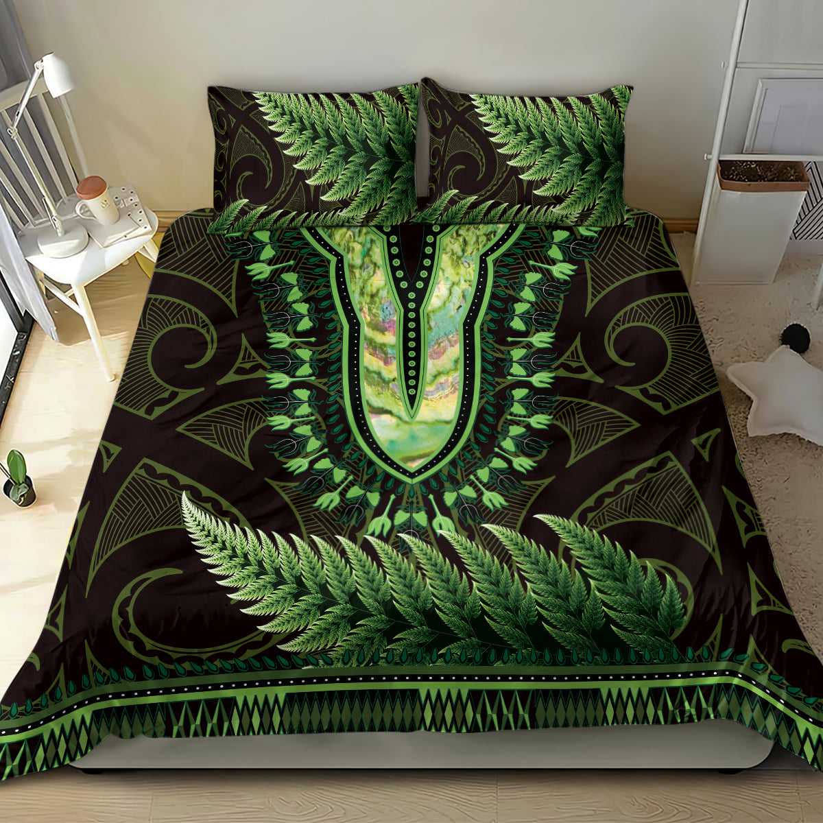 Lime Green African Dashiki With Aotearoa Maori Bedding Set Paua Shell Mix Silver Fern LT14 - Polynesian Pride